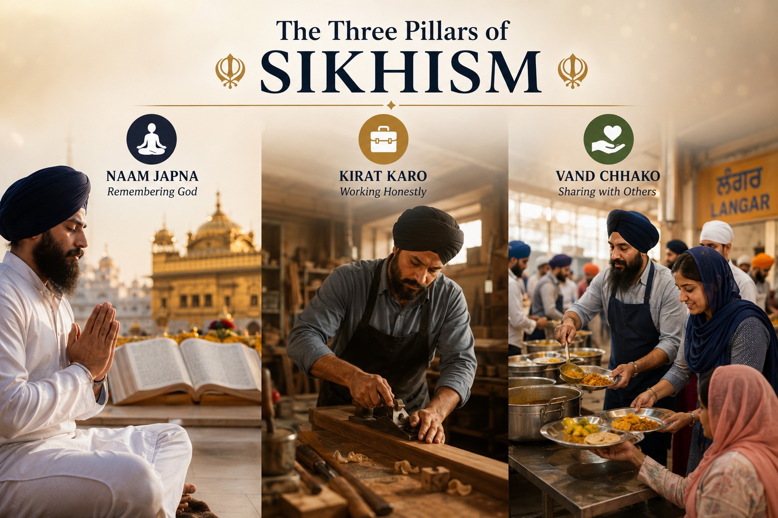 The Three Pillars of Sikhism: Naam Japna (Remembering God), Kirat Karo (Working Honestly), Vand Chhako (Sharing with Others)
